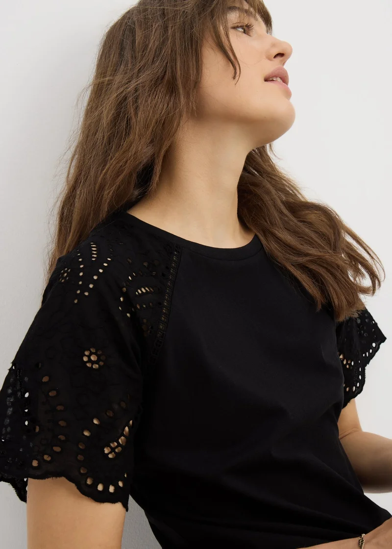 Matalan Black Broderie Raglan Sleeve T-Shirt