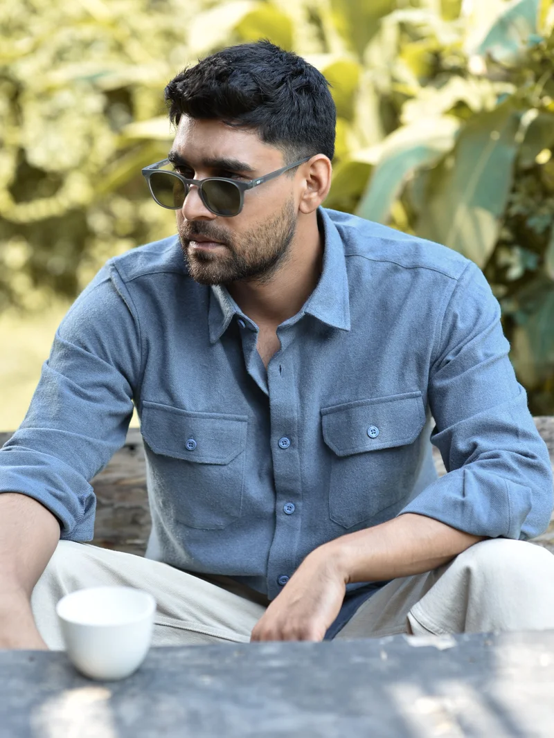بيونغ Denim Blue Recycled Solid Flannel Shirt