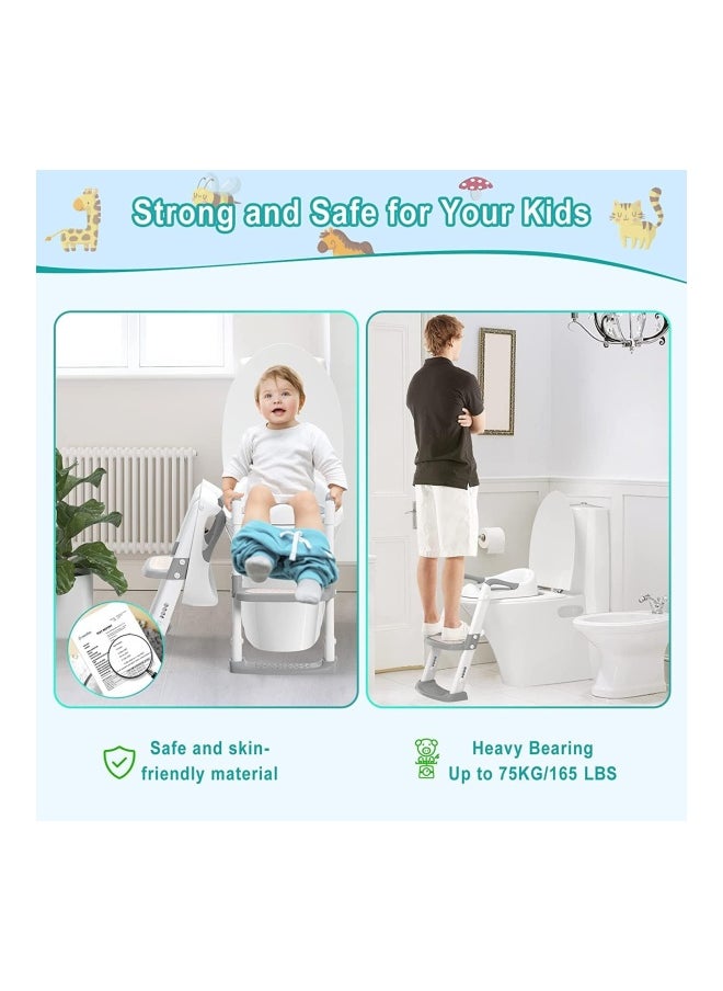 DMG TECH - Potty Training Seat, Kids Toilet Training Seat With Step Stool, Foldable Portable Potty Chair With Adjustable Height Ladder Guard Handle Soft Cushion White For Baby Toddler Boys Girls - Grey - Image 1