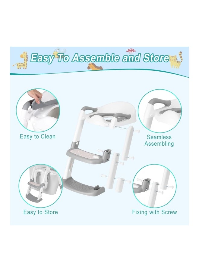 DMG TECH - Potty Training Seat, Kids Toilet Training Seat With Step Stool, Foldable Portable Potty Chair With Adjustable Height Ladder Guard Handle Soft Cushion White For Baby Toddler Boys Girls - Grey - Image 1