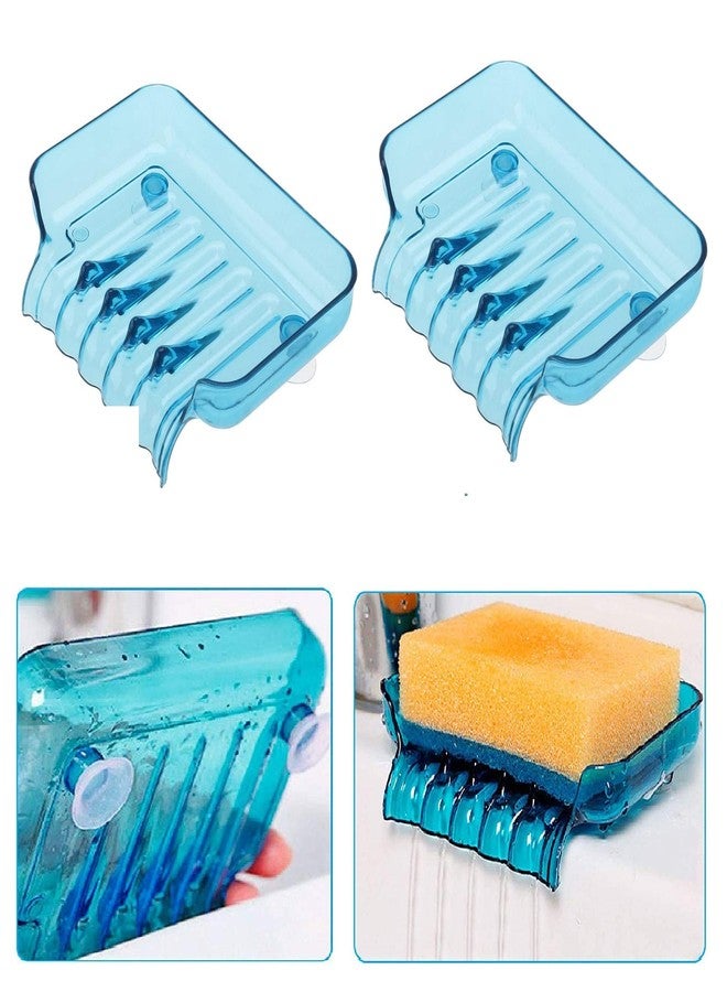 CONNECTWIDE 2Pcs Waterfall Soap Holder Tray Drain Draining Bath Shower Soap Box Sink Sponge Drainage Soap Dish Holder Shelf Organizer Container with 2 Suckers Aerial Hollow Design Blue - Image 1