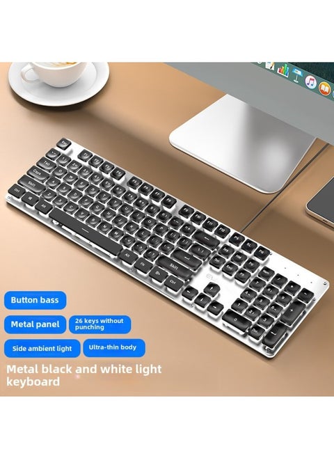 Gx710 Wired Silent Keyboard Comfortable Mechanical Feel Suitable For Gaming Office Environments-Color:[Wired Mute Single Keyboard] Metal Black-White Light
