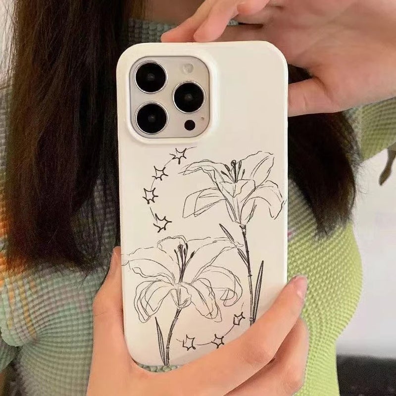 جراب هاتف آيفون 16 برو ماكس من آبل، مصنوع من مادة TPU المقاومة للصدمات، فاخر، بتصميم مميز، بخطوط مرسومة، ونقشة زهرة الزنبق، جراب مقاوم للسقوط