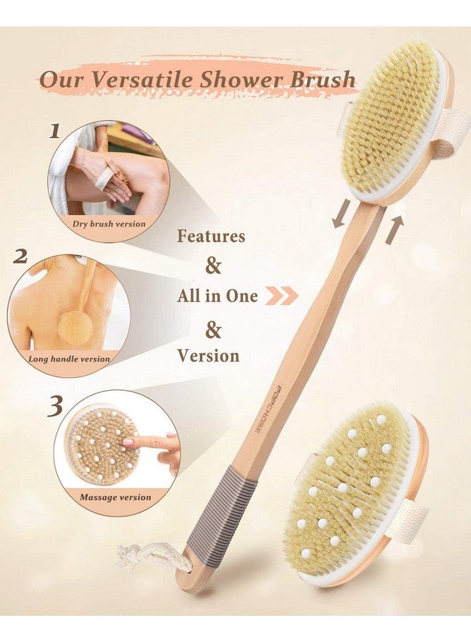POPCHOSE Dry Brushing Body Brush, POPCHOSE Body Scrubber for Men Women, Back Scrubber for Shower, Natural Bristle Exfoliator Scrubber for Body Cellulite and Lymphatic, Long Handle, Detachable, Dual Brush Heads - Image 1
