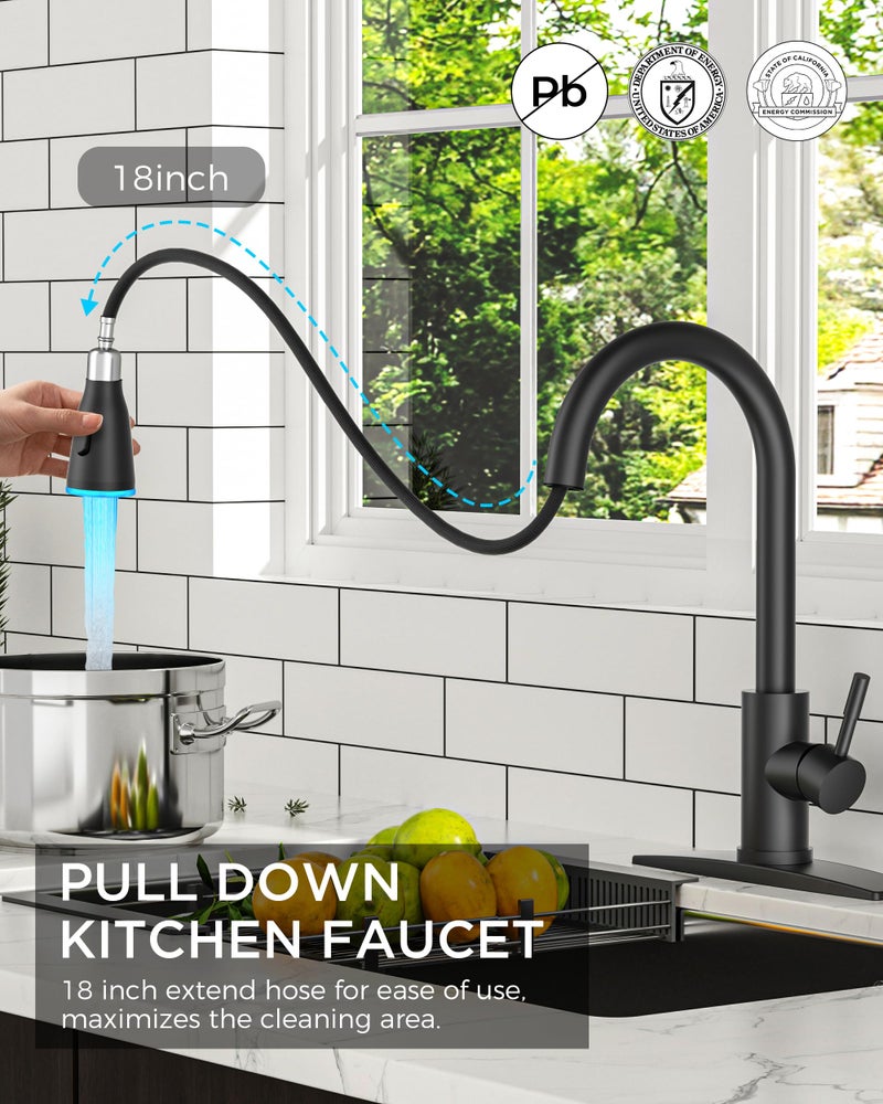 FORIOUS LED Kitchen Faucet with Pull Down Sprayer, Black Single Handle Stainless Steel Traditional Sink Faucets with LED Light Sprayer Head, Suitable for Farmhouse Laundry Camper Rv Bar - Image 4
