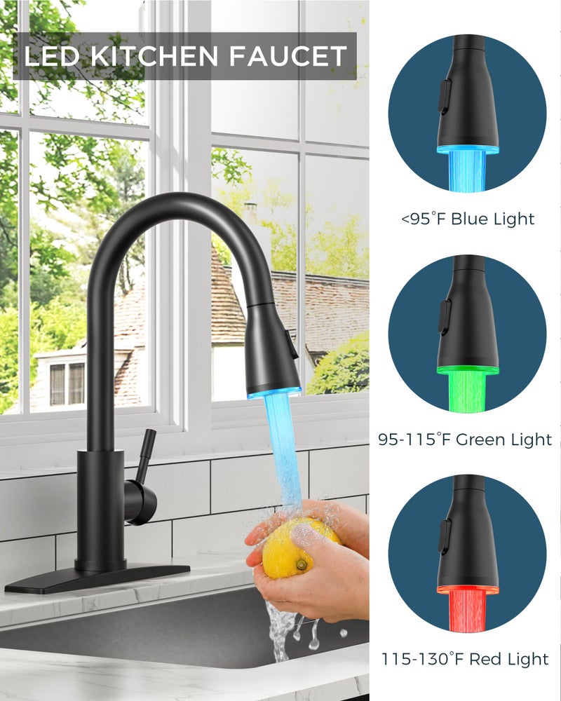 FORIOUS LED Kitchen Faucet with Pull Down Sprayer, Black Single Handle Stainless Steel Traditional Sink Faucets with LED Light Sprayer Head, Suitable for Farmhouse Laundry Camper Rv Bar - Image 2
