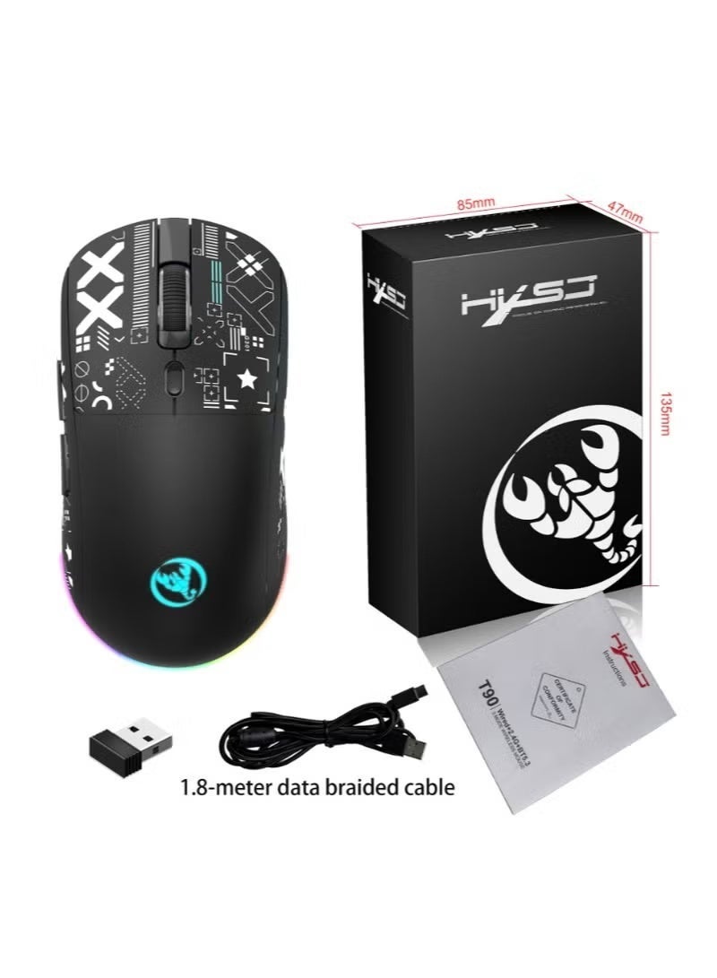 T90 wireless game mouse – three modes (wired, 2.4GHz, BT5.3) – 26000 DPI adjustable – 650mAh rechargeable battery – RGB lighting (6 modes) Type-C fast charging – PC, laptop compatible (black) - Image 5