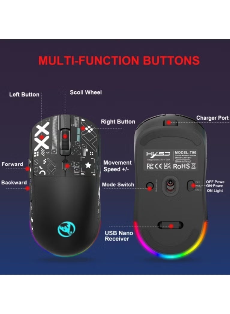 T90 wireless game mouse – three modes (wired, 2.4GHz, BT5.3) – 26000 DPI adjustable – 650mAh rechargeable battery – RGB lighting (6 modes) Type-C fast charging – PC, laptop compatible (black) - Image 4