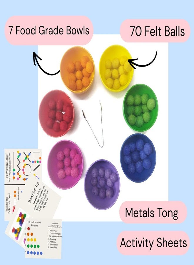 NISH 7-Color BPA-Free Food Grade Sensory Bowls with 70 Felt Balls, Tong & Activity Sheets | Rainbow Toys for Kids | Color Sorting & Learning Sensory Bins for Toddlers | Sensory Play Toys - Image 4