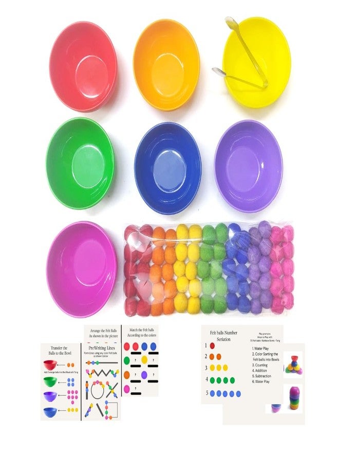 NISH 7-Color BPA-Free Food Grade Sensory Bowls with 70 Felt Balls, Tong & Activity Sheets | Rainbow Toys for Kids | Color Sorting & Learning Sensory Bins for Toddlers | Sensory Play Toys - Image 1