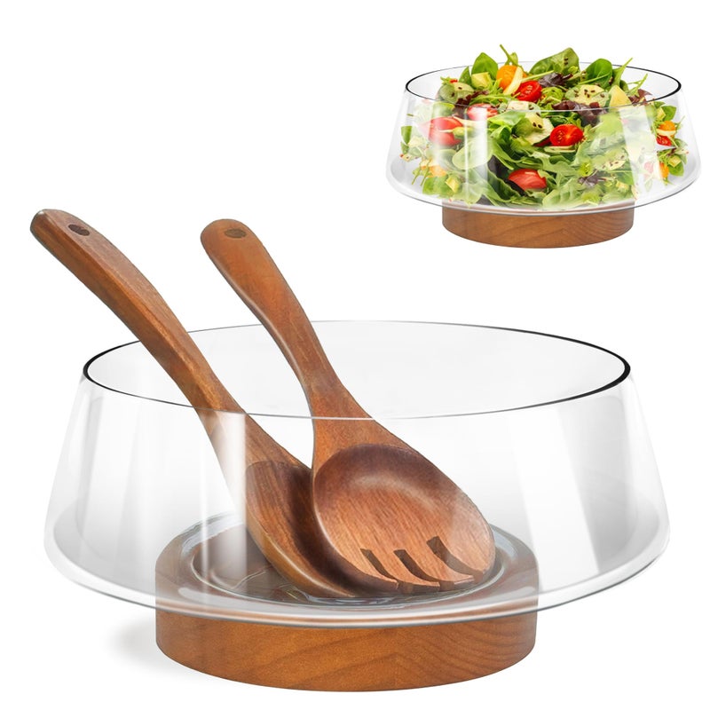 PROLEE Clear Salad Bowl Set,Large Glass Salad Bowls with Solid Wood Base Servers,Elegance Salad Serving Bowls for Kitchen Utensils and Party - Image 1