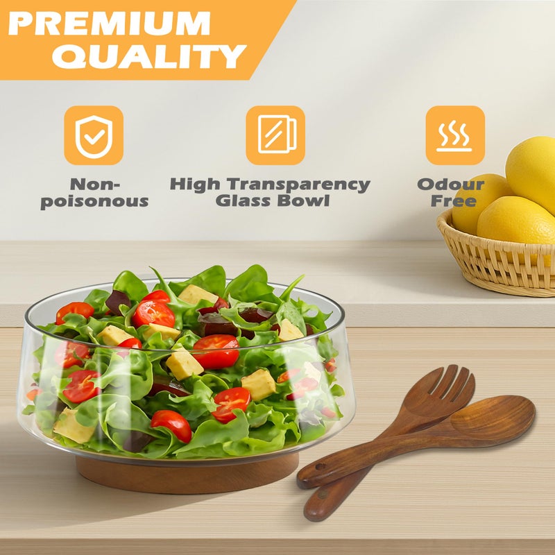 PROLEE Clear Salad Bowl Set,Large Glass Salad Bowls with Solid Wood Base Servers,Elegance Salad Serving Bowls for Kitchen Utensils and Party - Image 4