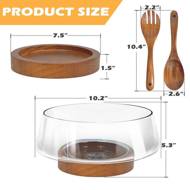 PROLEE Clear Salad Bowl Set,Large Glass Salad Bowls with Solid Wood Base Servers,Elegance Salad Serving Bowls for Kitchen Utensils and Party - Image 3
