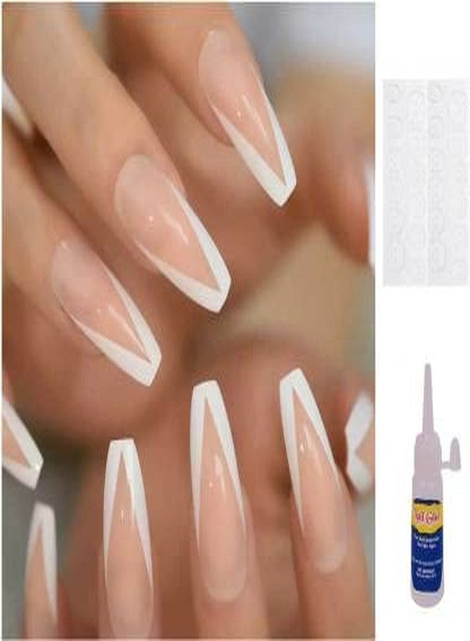 AIYI V-Shaped Coffin Nails White French False Fake Nails With Nail Glue Stickers Natural (Pack Of 24) - Image 1