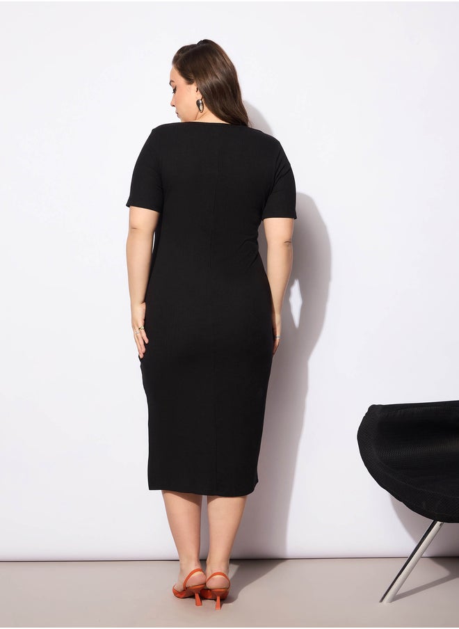SASSAFRAS Plus Size Ribbed Square Neck Short Sleeves Midi Dress  - Image 5