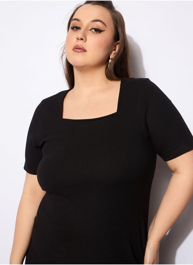 SASSAFRAS Plus Size Ribbed Square Neck Short Sleeves Midi Dress  - Image 4