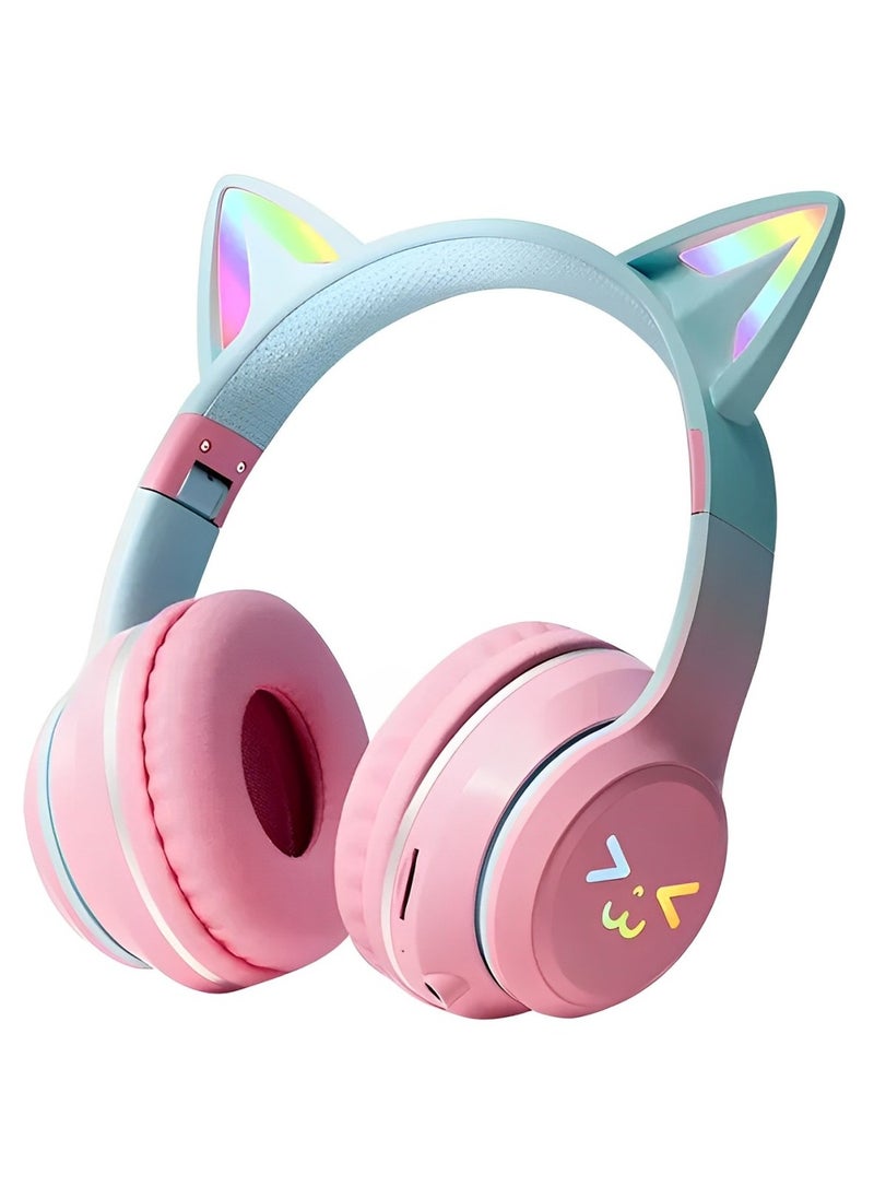 FIRST PRO - Cat Ear Headphones, Kids Bluetooth Headphone with Microphone, Foldable in your travel bag Comfortable and Adjustable Wireless/Wire Over Ear Headset for Girls and boys Teenagers (PINK) - Image 1