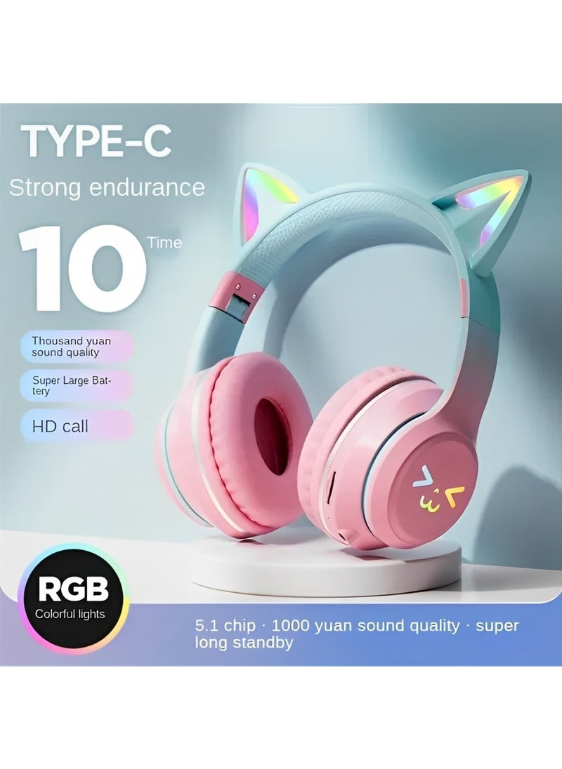 FIRST PRO - Cat Ear Headphones, Kids Bluetooth Headphone with Microphone, Foldable in your travel bag Comfortable and Adjustable Wireless/Wire Over Ear Headset for Girls and boys Teenagers (PINK) - Image 1
