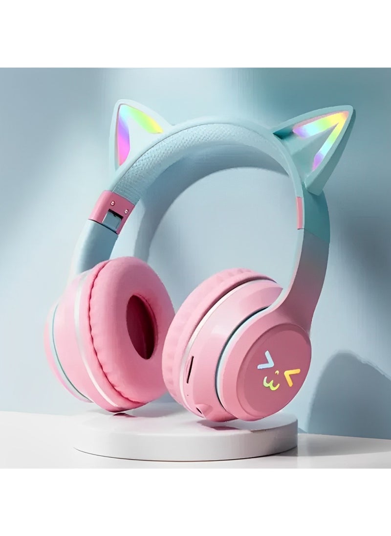 FIRST PRO - Cat Ear Headphones, Kids Bluetooth Headphone with Microphone, Foldable in your travel bag Comfortable and Adjustable Wireless/Wire Over Ear Headset for Girls and boys Teenagers (PINK) - Image 1