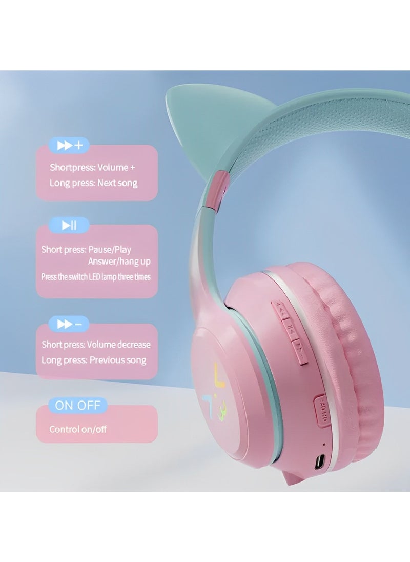 FIRST PRO - Cat Ear Headphones, Kids Bluetooth Headphone with Microphone, Foldable in your travel bag Comfortable and Adjustable Wireless/Wire Over Ear Headset for Girls and boys Teenagers (PINK) - Image 1