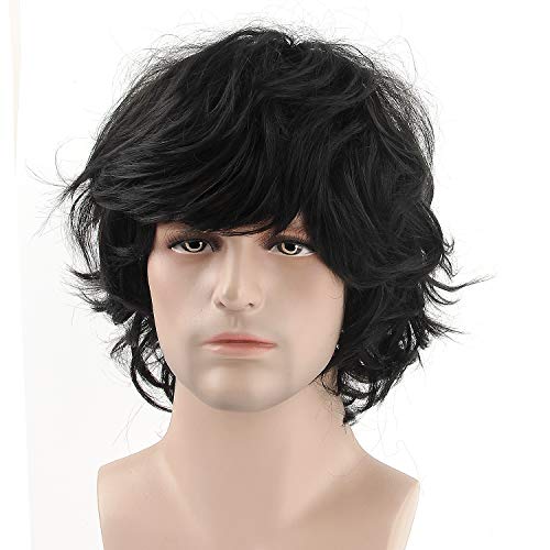 Acecharming Men Black Wig, Short Wavy Shaggy Style Layered Wig for Halloween Costumes Cosplay with Wig Cap - Image 3