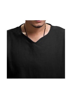 S SYMEFER Mens Linen Shirts V-Neck Cotton Grandad Shirt Long Sleeve Tops Hippie T Shirts Tops Blouse Loose Fit Basic Tunic Tops Casual Office Work Shirt, Black-L  - Image 3