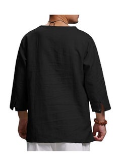 S SYMEFER Mens Linen Shirts V-Neck Cotton Grandad Shirt Long Sleeve Tops Hippie T Shirts Tops Blouse Loose Fit Basic Tunic Tops Casual Office Work Shirt, Black-L  - Image 2