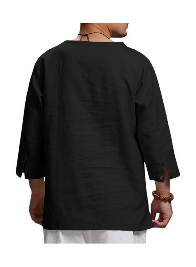 S SYMEFER Mens Linen Shirts Cotton Grandad Shirt Long Sleeve Tops Hippie T Shirts Tops Blouse Loose Fit Basic Tunic Tops Casual Office Work Shirt, Black-L - Image 2