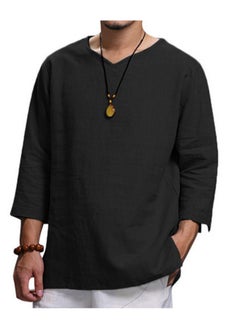 S SYMEFER Mens Linen Shirts V-Neck Cotton Grandad Shirt Long Sleeve Tops Hippie T Shirts Tops Blouse Loose Fit Basic Tunic Tops Casual Office Work Shirt, Black-L  - Image 1
