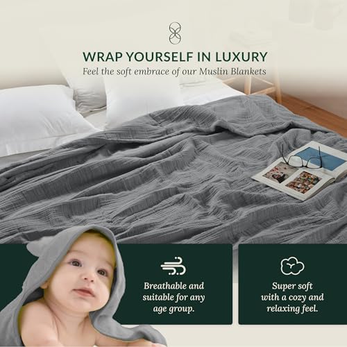 CloudScape Linen Cloud Scape Linen Extra Large 4 Layer Muslin Throw Blanket - 100% Cotton Gauze, Lightweight & Breathable All Season, Pre-Washed, for Couch & Bed, 50x70, Dark Grey - Image 2