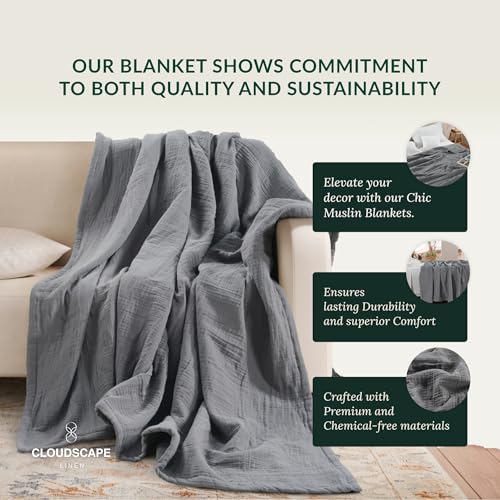 CloudScape Linen Cloud Scape Linen Extra Large 4 Layer Muslin Throw Blanket - 100% Cotton Gauze, Lightweight & Breathable All Season, Pre-Washed, for Couch & Bed, 50x70, Dark Grey - Image 4