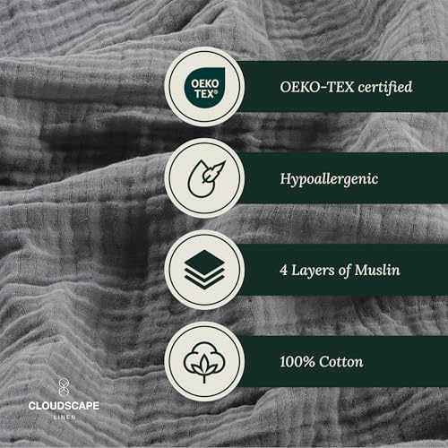 CloudScape Linen Cloud Scape Linen Extra Large 4 Layer Muslin Throw Blanket - 100% Cotton Gauze, Lightweight & Breathable All Season, Pre-Washed, for Couch & Bed, 50x70, Dark Grey - Image 5