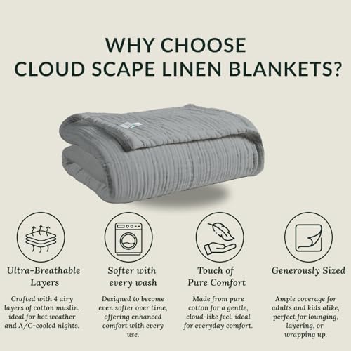 CloudScape Linen Cloud Scape Linen Extra Large 4 Layer Muslin Throw Blanket - 100% Cotton Gauze, Lightweight & Breathable All Season, Pre-Washed, for Couch & Bed, 50x70, Dark Grey - Image 3