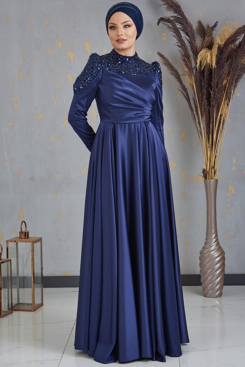 Esilanur Bersu Front Beaded Hijab Evening Dress Navy Blue  - Image 1