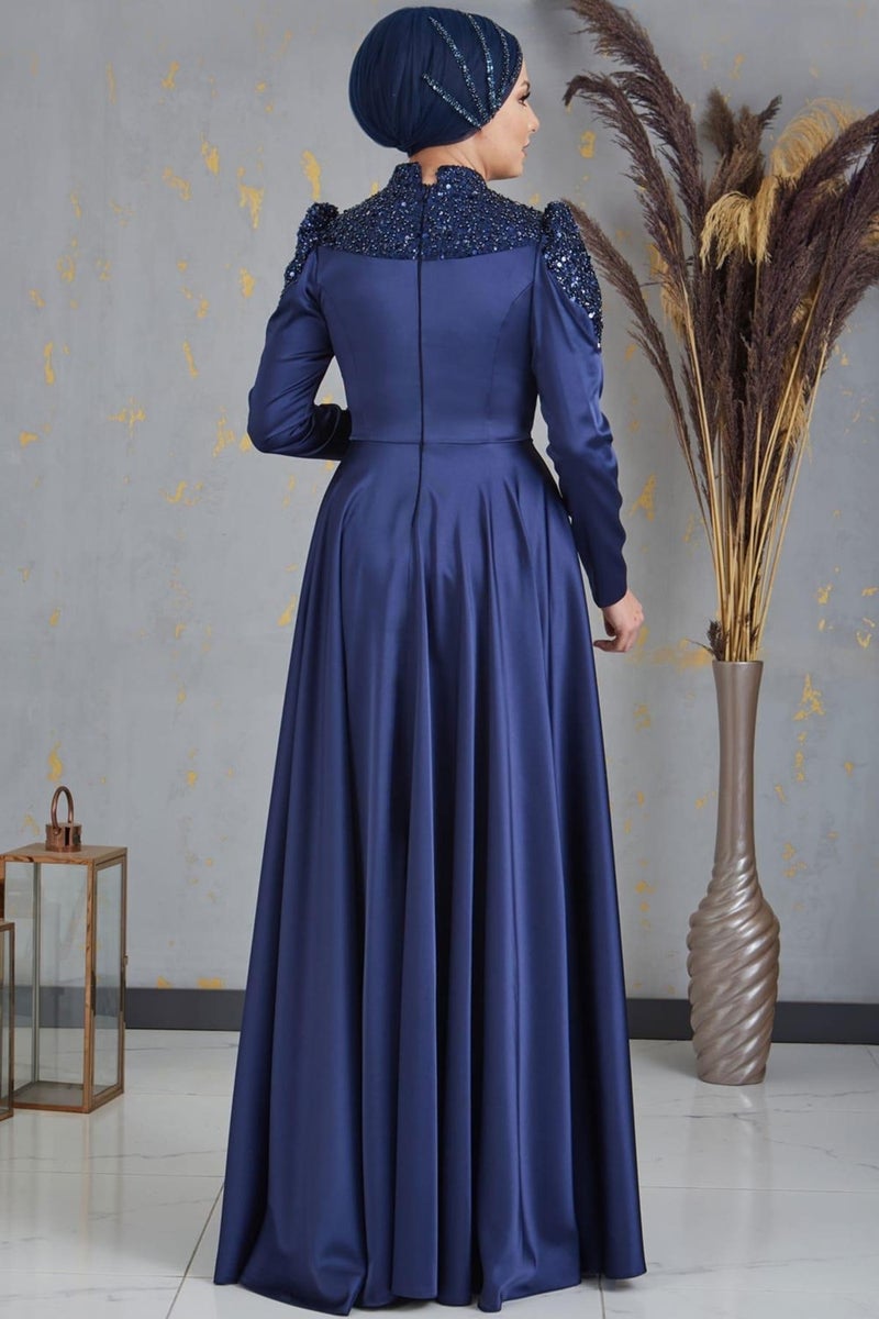 Esilanur Bersu Front Beaded Hijab Evening Dress Navy Blue  - Image 3