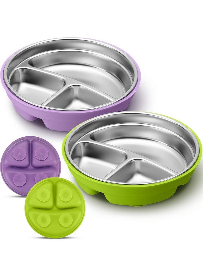Nuogo أطباق مصنوعة من الفولاذ المقاوم للصدأ للأطفال مع قاعدة شفط قابلة للإزالة 2 في 1 وعاء معدني مقسم للأطفال الصغار لوجبات الأطفال الانتقائيين، آمنة للغسل في غسالة الصحون (بنفسجي، أخضر) - Image 1
