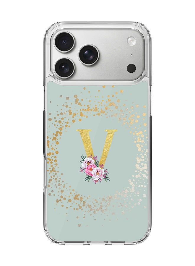 Stylizedd Classic Clear MagSafe Case for iPhone 17 Pro Max , Hybrid Soft Case Flexible Edges Anti Drop TPU PC Gel Thin Transparent Cover [ Designed for iPhone 17 Pro Max ] - Custom Monogram Initial Letter Floral Pattern Alphabet - V  (Light Grey )