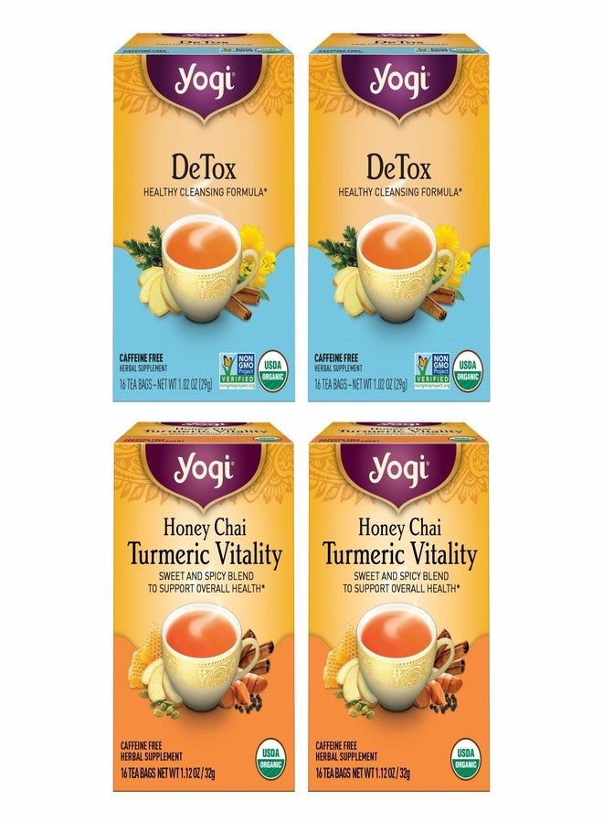 Yogi Tea DeTox and Wellness Variety Pack 4pk - 16 Bags per Pack (4 Pack) - Organic Herbal Cleansing Teas - Includes (2 Boxes Each) of Honey Chai Turmeric Vitality & DeTox - Caffeine-Free Teas - Image 1