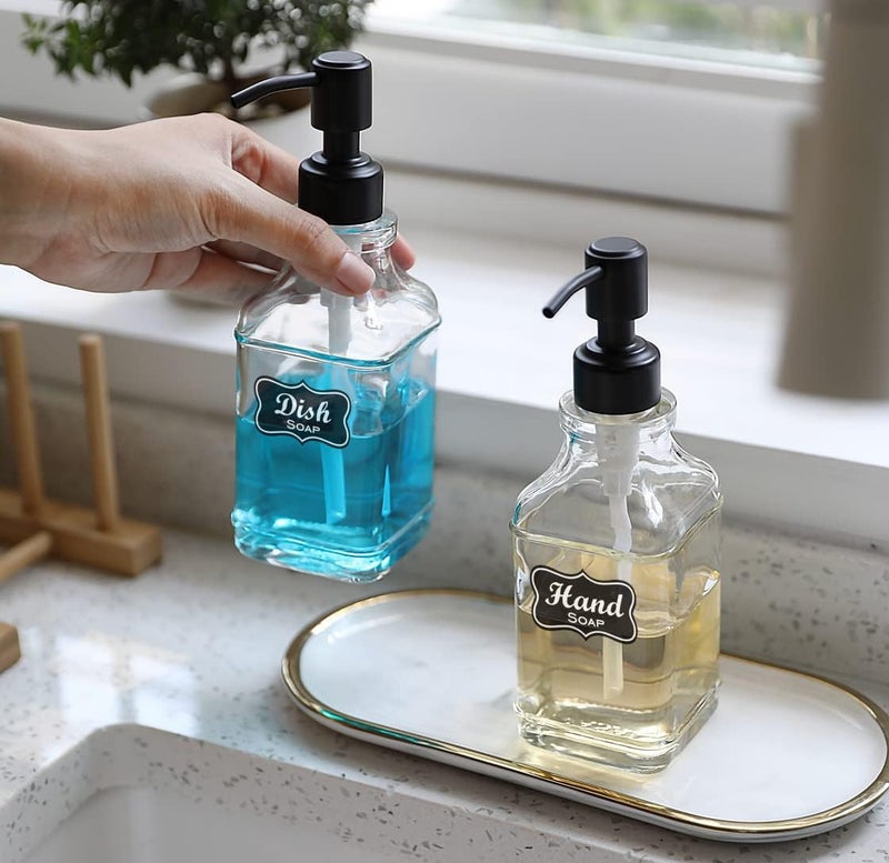 JASAI 2Pack Soap Dispenser with Rustproof Black Stain 304 Stainless Steel Pump, Stylish Hand soap Dispenser with 10Pcs Stickers, Refillable Glass Soap Dispenser for Kitchen & Bathroom. - Image 3