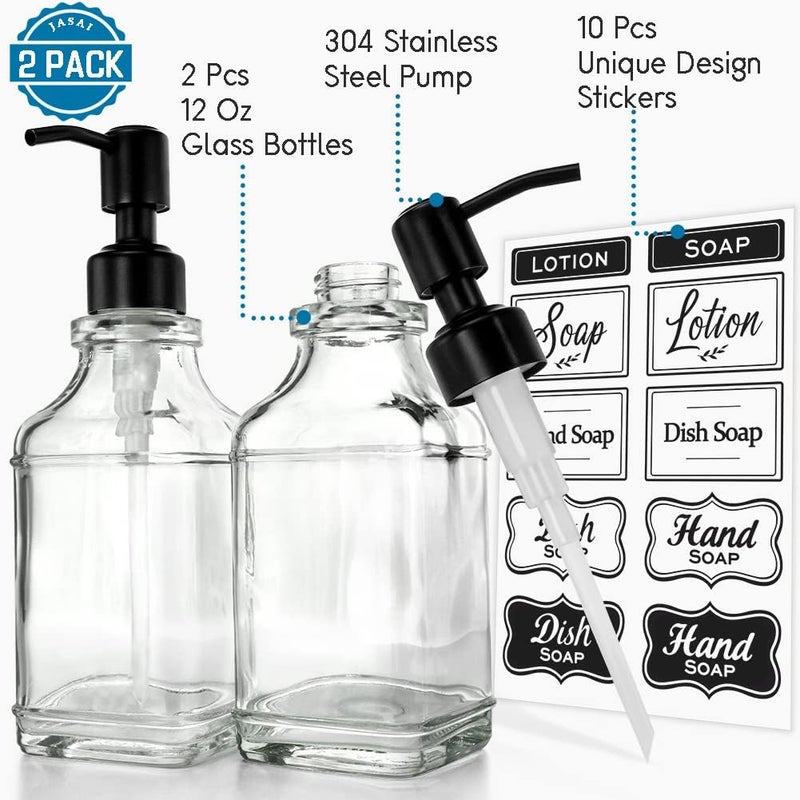 JASAI 2Pack Soap Dispenser with Rustproof Black Stain 304 Stainless Steel Pump, Stylish Hand soap Dispenser with 10Pcs Stickers, Refillable Glass Soap Dispenser for Kitchen & Bathroom. - Image 2