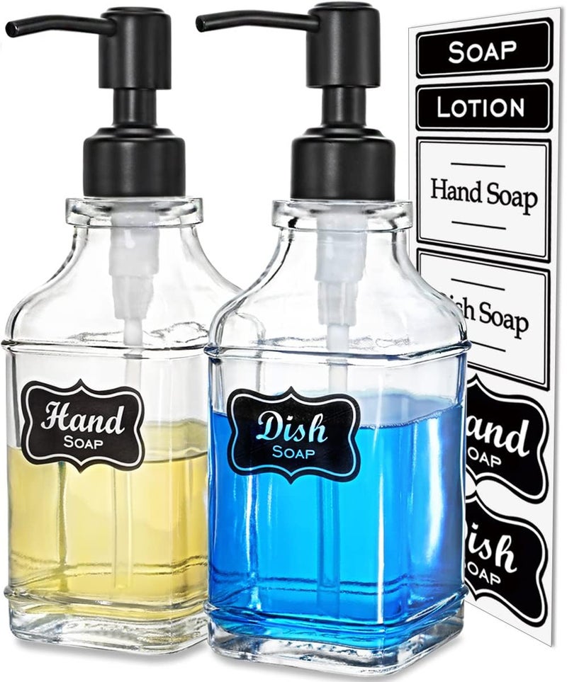 JASAI 2Pack Soap Dispenser with Rustproof Black Stain 304 Stainless Steel Pump, Stylish Hand soap Dispenser with 10Pcs Stickers, Refillable Glass Soap Dispenser for Kitchen & Bathroom. - Image 1