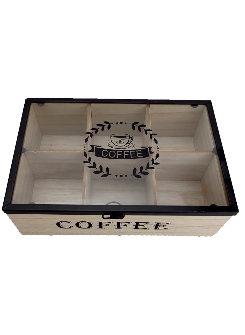 Wooden Tea Box with Lid/ Perfect for Tea Bag Storage/4 Compartments Wooden Tea Box with Hinged Glass Lid, Tea Organizer, Wooden Storage Coffee Tea Bag Organizer for Kitchen Cabinets  - Image 1