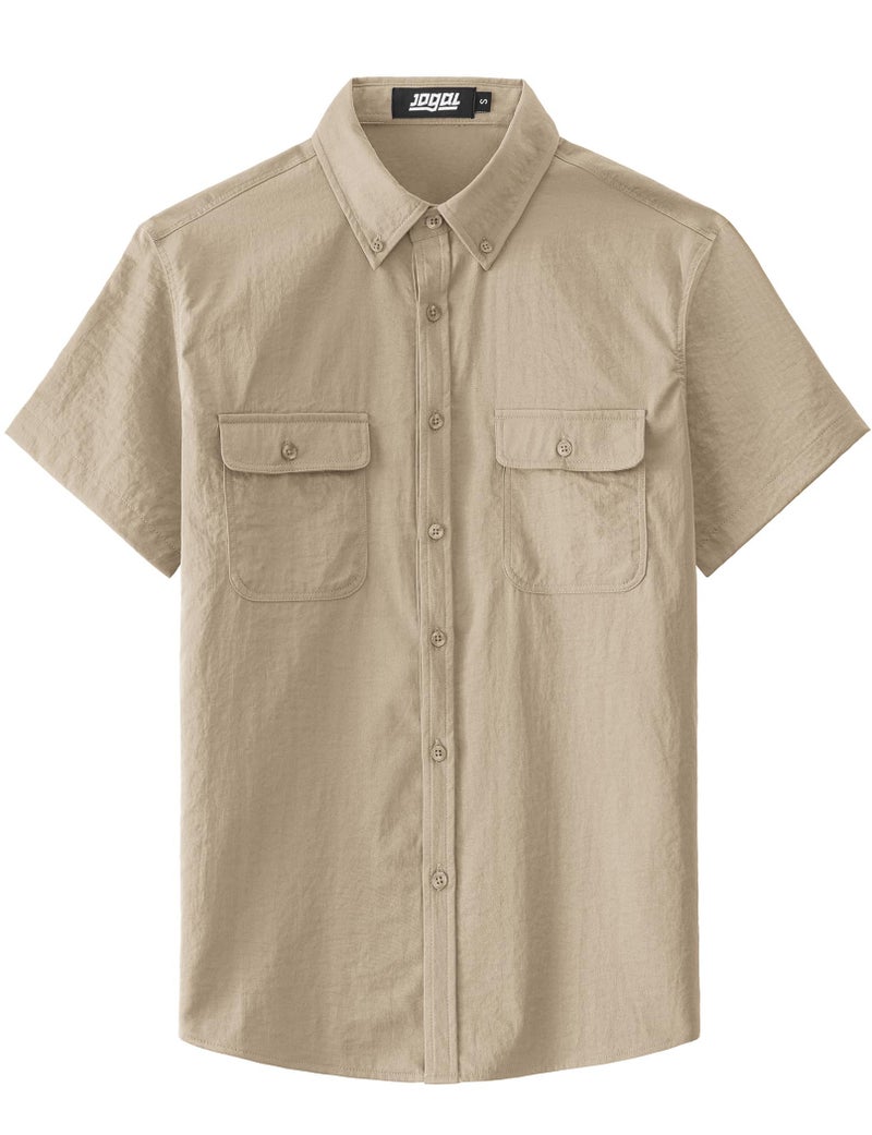 JOGAL Mens Button Down Short Sleeve Shirt Regular Fit Button Up Work Shirts with Two Pockets Light Khaki Large - Image 2
