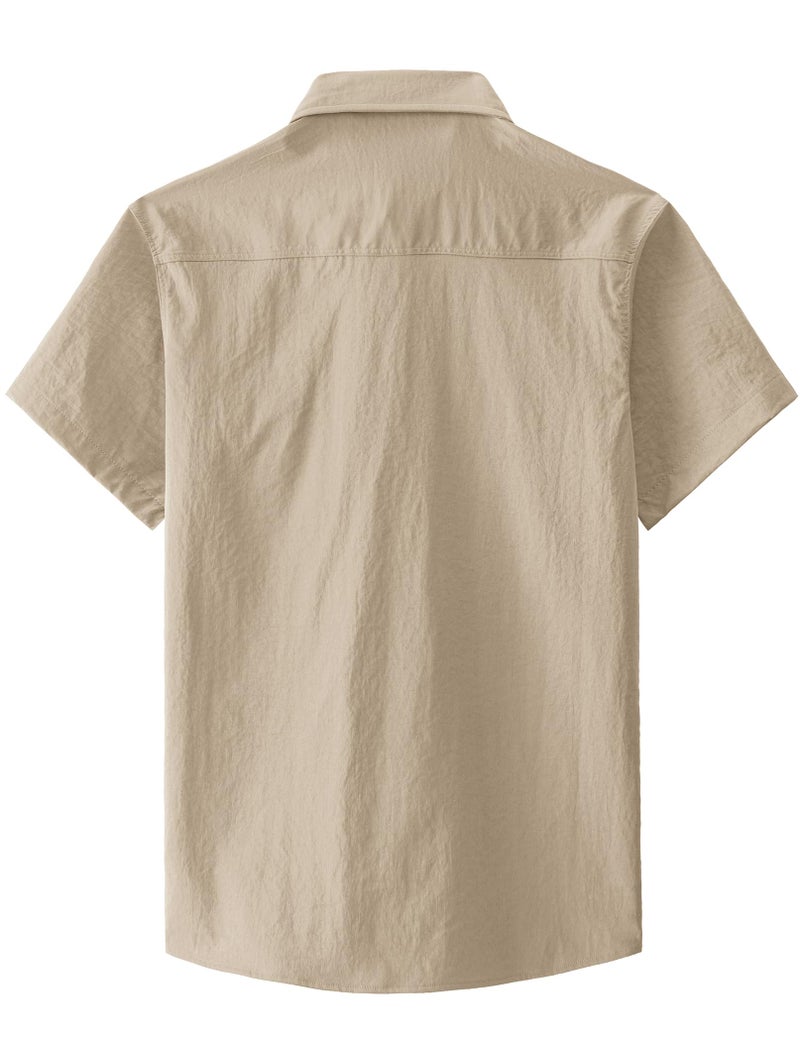 JOGAL Mens Button Down Short Sleeve Shirt Regular Fit Button Up Work Shirts with Two Pockets Light Khaki Large - Image 3
