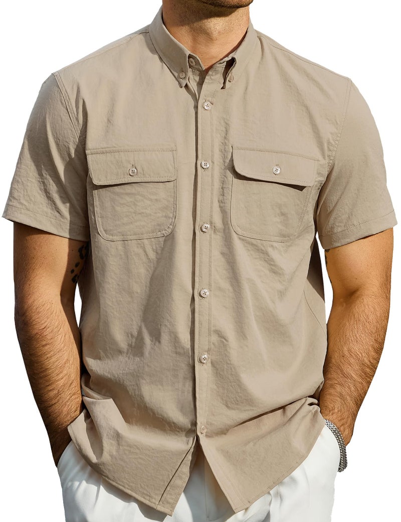 JOGAL Mens Button Down Short Sleeve Shirt Regular Fit Button Up Work Shirts with Two Pockets Light Khaki Large - Image 1