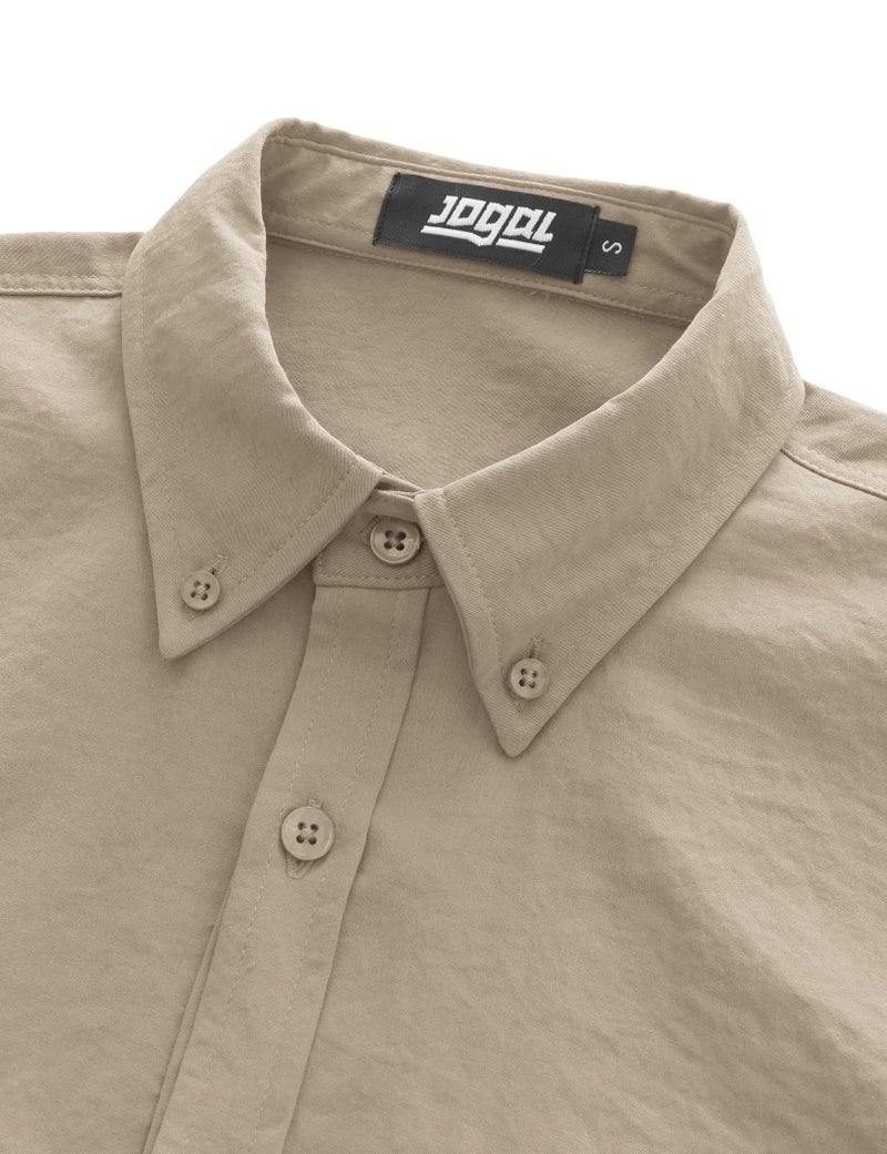 JOGAL Mens Button Down Short Sleeve Shirt Regular Fit Button Up Work Shirts with Two Pockets Light Khaki Large - Image 4