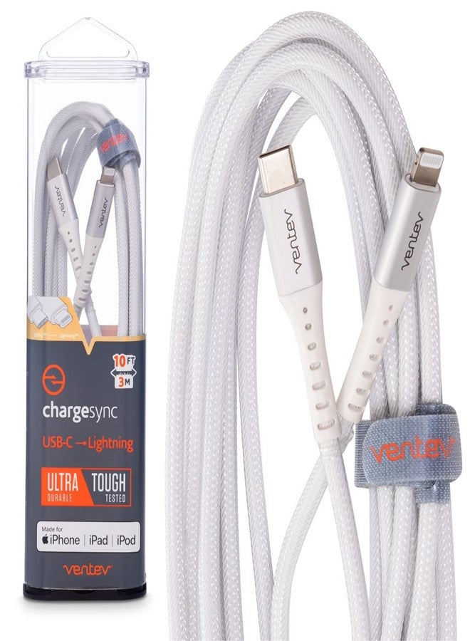 Ventev Alloy 10 Ft iPhone Cable | Fast Charging USB-C to Lightning Cable | Extra Long MFi Certified Apple Charging Cord | Lasts Up to 100x Longer Than Most Cables for iPhone, White - Image 1