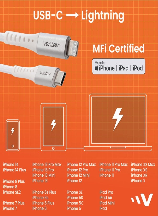 Ventev Alloy 10 Ft iPhone Cable | Fast Charging USB-C to Lightning Cable | Extra Long MFi Certified Apple Charging Cord | Lasts Up to 100x Longer Than Most Cables for iPhone, White - Image 4