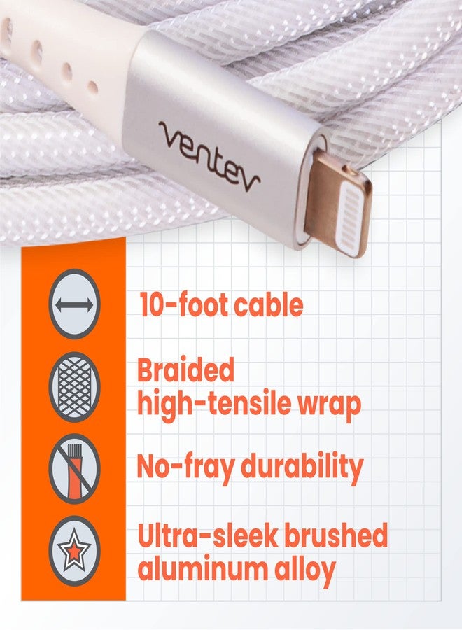 Ventev Alloy 10 Ft iPhone Cable | Fast Charging USB-C to Lightning Cable | Extra Long MFi Certified Apple Charging Cord | Lasts Up to 100x Longer Than Most Cables for iPhone, White - Image 2