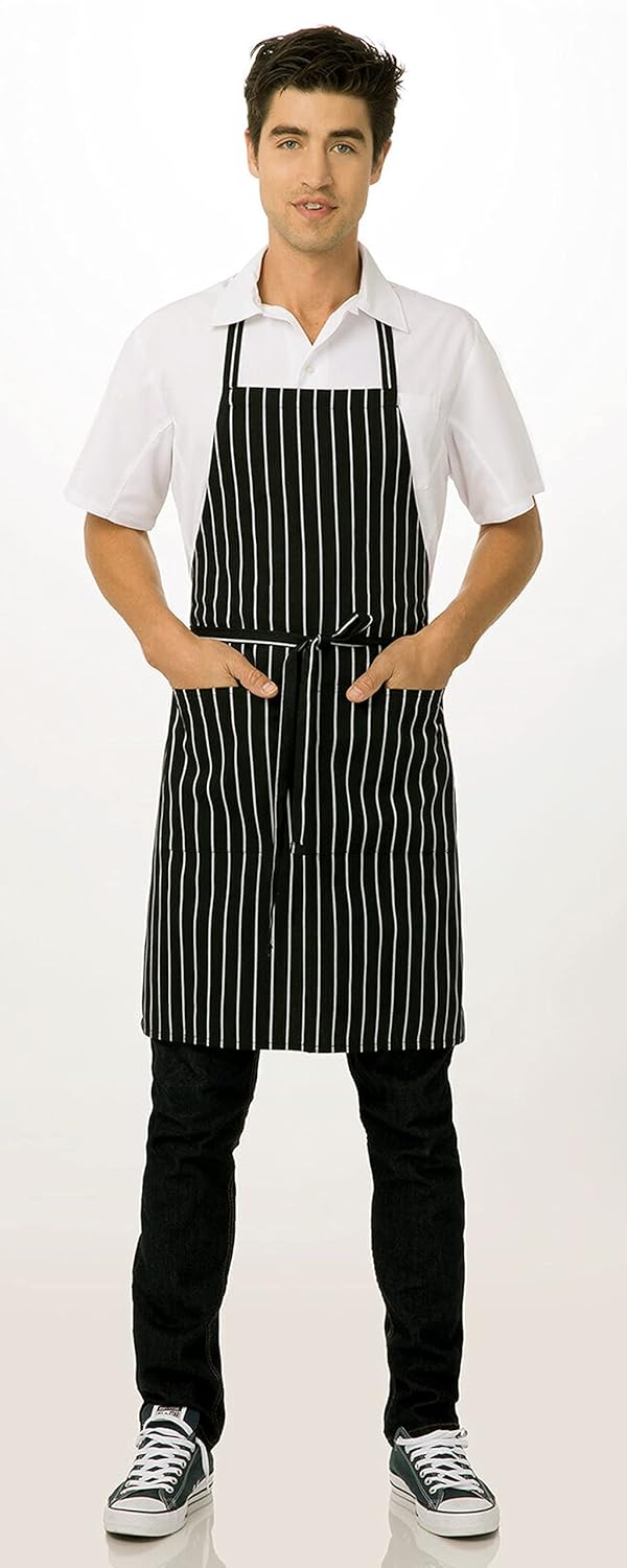 HAINE Kitchen Apron Waterproof Stripe Pattern with Front Pocket Free Size Unisex 1 Black - Image 3